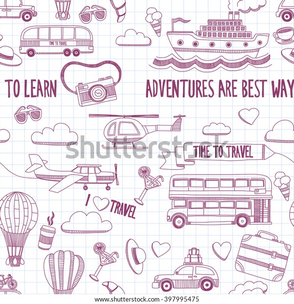 Travel hand drawn elements Doodle travel elements\
on checked paper