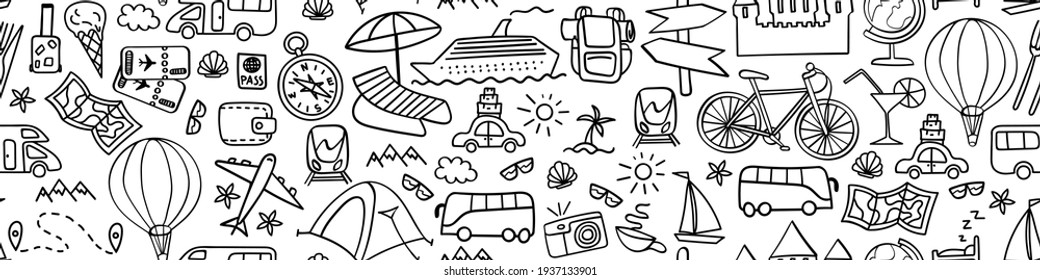 Travel hand drawn icons in seamless horizontal border. Vacation web banner. Vector illustration.