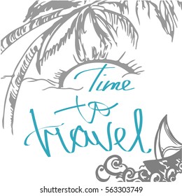 Travel hand drawn sketch for design. Handwritten letters: Adventure Travel. Color doodle with ship. Vector decoration hand drawing sketch. Trip around the world. Holiday doodle. Vector illustration.