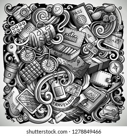 Travel hand drawn vector doodles illustration. Traveling poster design. Journey elements and objects cartoon background. Monochrome funny picture. All items are separated