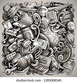Travel hand drawn vector doodles illustration. Traveling poster design. Journey elements and objects cartoon background. Monochrome funny picture. All items are separated