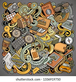 Travel hand drawn vector doodles illustration. Traveling poster design. Journey elements and objects cartoon background. Bright colors funny picture. All items are separated