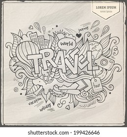 Travel hand lettering and doodles elements background. Vector illustration