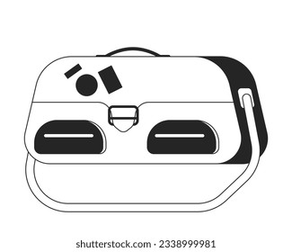 Travel handbag flat monochrome isolated vector object. Hand bag with luggage stickers. Tourism. Editable black and white line art drawing. Simple outline spot illustration for web graphic design