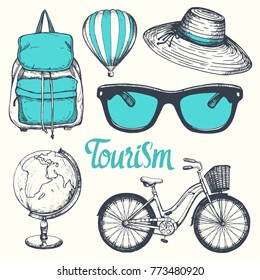 Travel hand-drawn set with backpack, air ballon, sunglasses, hat, bicycle, globe. Vector illustration in sketch style on white background. Brush calligraphy elements. Handwritten ink lettering.
