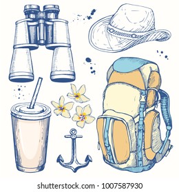 Travel hand-drawn set with backpack, hat, plastic cup, binoculars. Vector illustration in sketch style on white background. Brush calligraphy elements for your design. Handwritten ink lettering.