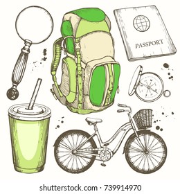 Travel hand-drawn set with backpack, magnifier, bicycle, plastic cup, passport, compass. Vector illustration in sketch style on white background. Brush calligraphy elements. Handwritten ink lettering.