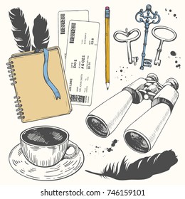 Travel hand-drawn set with notepad, tickets, cup, keys, feathers, binoculars. Vector illustration in sketch style on white background. Brush calligraphy elements. Handwritten ink lettering.