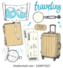 Travel hand-drawn set with photos, tickets, compass, magnifier, map, suitcase. Vector illustration in sketch style on white background. Brush calligraphy elements. Handwritten ink lettering.