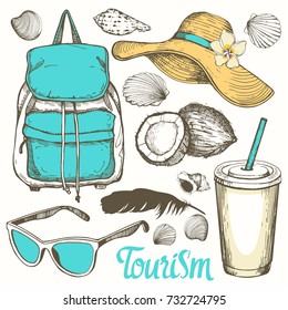 Travel hand-drawn set with sunglasses, backpack, feather, seashells, coconut, hat. Vector illustration in sketch style on white background. Brush calligraphy elements. Handwritten ink lettering.