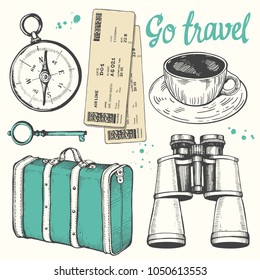 Travel hand-drawn set with sunglasses, tickets, key, camera, passport, suitcase. Vector illustration in sketch style on white background. Brush calligraphy elements. Handwritten ink lettering.