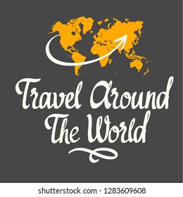 Travel handwritten ink lettering. Vector illustration with worl map on black background. Brush calligraphy elements for your design.