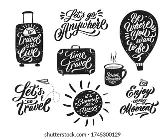 Travel handwritten lettering set. Label vector illustration isolated on white background.