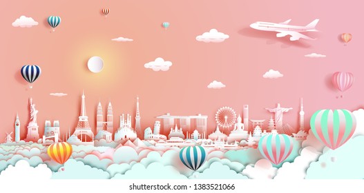 Travel happy with airplane and balloon on cloud, Traveling landmark world panorama view, Vector illustration for wallpaper, flyer, invitation card, posters, postcard, brochure, template, advertising. 