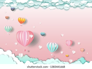 travel happy with balloons and Heart on cloud, Vector illustration colorful balloon for Wallpaper, flyer, invitation, card, poscard, brochure, banner, advertising, paper cut, origami style for travel.