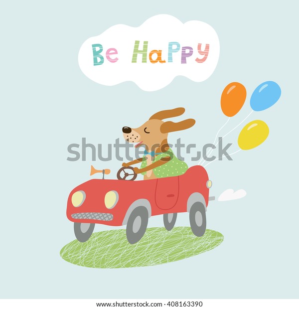 Travel happy dog by car.The inscription \