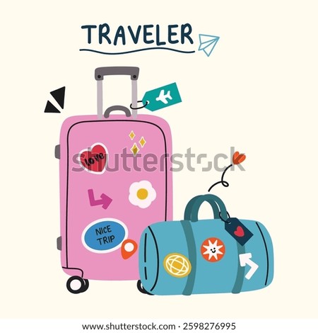 Travel and Happy Holiday background vector. Bag, travel accessory, touristic valise, case, carry-on. Illustration design for poster, card ,cover, shop, ads.
