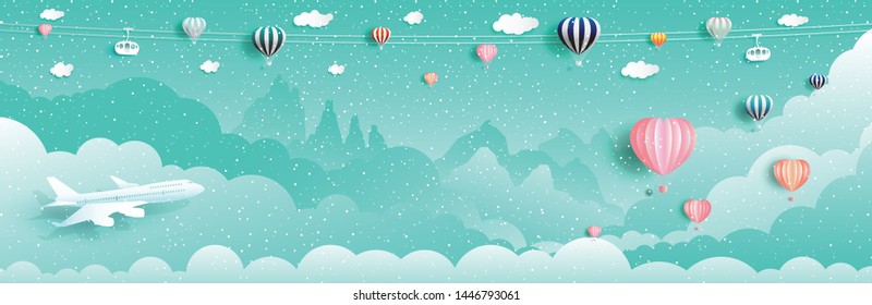 Travel happy new year and christmas with balloons and airplane, Vector illustration for Wallpaper, flyer, invitation, card, posters, postcard, brochure, advertising, Paper cut origami landscape style.