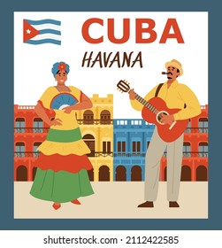 Travel to Havana, Cuba vector poster. Cuban musician play guitar and smoke cigar, woman, wearing traditional cubana bata dress, dance and smile. Cuba postcard, flat style illustration.