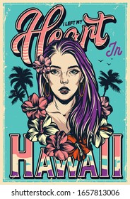 Travel to Hawaii colorful vintage poster with pretty girl with long purple hair hibiscus flowers and palm trees vector illustration