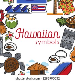 Travel to Hawaii food and culture Hawaiian symbols vector flower pattern shirt and coconut cocktail drink ocean and national flag pine apple and stone face statue bungalow and sea turtle surfboard.