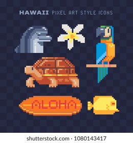 Travel to Hawaii pixel art icon set Part3.  Surfboard, Plumeria Hawaiian flower, dolphin, exotic animal isolated vector illustration. Summer time holidays. 8-bit. Design for sticker, logo, mobile app