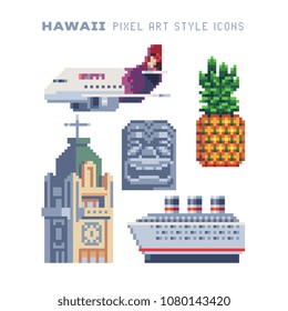 Travel to Hawaii pixel art icon set Part1, airplane, exotic pineapple, cathedral building, tiki tribal mask, Hawaiian landmark, isolated vector illustration. 8-bit. Design for sticker, logo, app