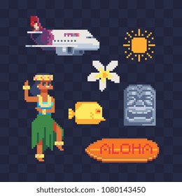 Travel to Hawaii pixel art icon set, airplane, dancing in Hawaiian dress girl character, surfboard with aloha inscription, tiki tribal mask, isolated vector illustration. Design for stickers and logo.