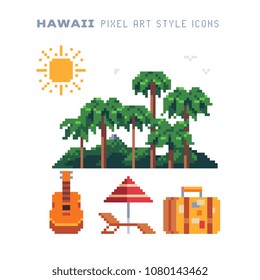 Travel to Hawaii pixel art icon set Part2. Summer time holidays vacation. Palm trees and sun, chaise longue, guitar, suitcase, isolated vector illustration. 8-bit. Design for sticker, logo, mobile app