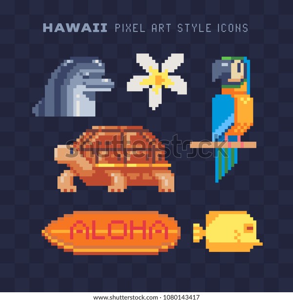 Travel Hawaii Pixel Art Icon Set Stock Vector Royalty Free