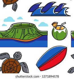 Travel to Hawaii seamless pattern Hawaiian symbols and culture vector volcano and coconut cocktail waves and surfboard sea turtle endless texture nature and drinks animal and surfing wallpaper