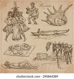 Travel: HAWAII, USA (no.2). Collection of an hand drawn vector illustrations. Freehand sketching. Each drawing comprise layers of lines. Colored background is isolated. Editable in layers and groups.