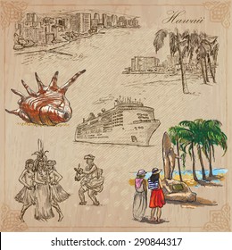 Travel, HAWAII, USA (no.7). Collection of an hand drawn vector illustrations. Freehand sketching. Each drawing comprise layers of lines. Colored background is isolated. Editable in layers and groups.