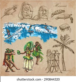 Travel, HAWAII, USA (no.8). Collection of an hand drawn vector illustrations. Freehand sketching. Each drawing comprise layers of lines. Colored background is isolated. Editable in layers and groups.