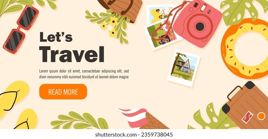 Travel header banner. Camera with photos near hat and sunglasses. Rubber ring near luggage and ice cream. Holiday and vacation. Landing page design. Cartoon flat vector illustration