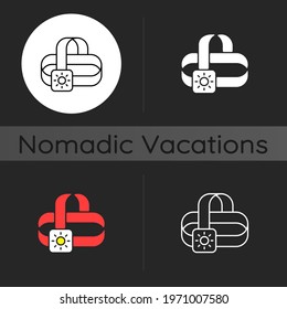 Travel headlamp dark theme icon. Head lantern. Electrical torch. Camping necessities for traveler. Illumination for road. Linear white, simple glyph and RGB color styles. Isolated vector illustrations