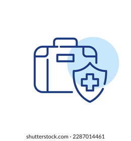 Travel health insurance. Briefcase and cross on shield. Travel healthcare coverage. Pixel perfect, editable stroke icon