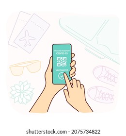 Travel with health passport from covid 19. Hands with phone with qr-code on green screen and vaccinated tic. Safe travel concept. Vector illustration