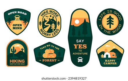 Travel hicking emblem set. Hiking badges, stickers for outdoor tourism