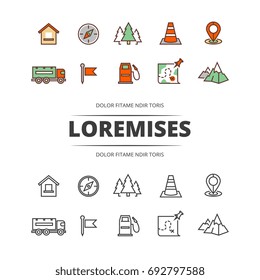 Travel, highway traffic, location outline and colorful icons. Vector illustration