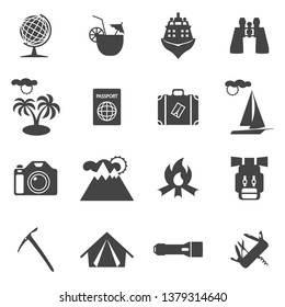 Travel and hiking elements silhouette icons set. Vector illustration