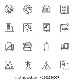 Travel and hiking line icons set. linear style symbols collection, outline signs pack. vector graphics. Set includes icons as worldwide travel, hotel, luggage bag, backpack, camping tent, navigation 