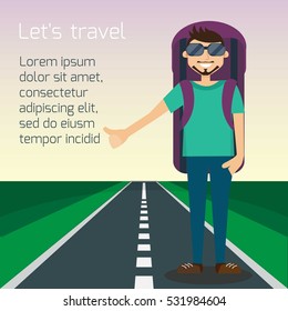 Travel hitchhiking concept. Hitchhiker standing on the road with big backpack. Individual tourism and journey. Tourist on the road. Vector illustration. Flat cartoon style