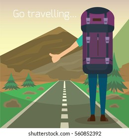 Travel hitchhiking concept. Hitchhiker standing on the road with big backpack. Individual tourism and journey. Tourist on the road. Vector illustration. Flat cartoon style