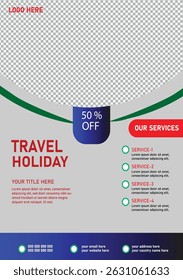  Viagens Férias 30% FORA Modelo de Panfleto  
Descrição: Promova suas férias de sonho com este atraente folheto de viagem oferecendo 30% OFF! Perfeito para agências de viagens, pacotes de férias ou sazonal