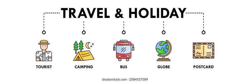 Travel and Holiday banner web icon illustration concept with icon of tourist, camping, bus, globe, and postcard