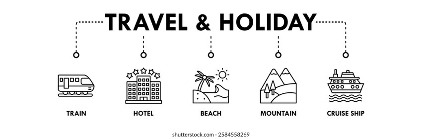 Travel and Holiday banner web icon illustration concept with icon of train, hotel, beach, mountain, and cruise ship