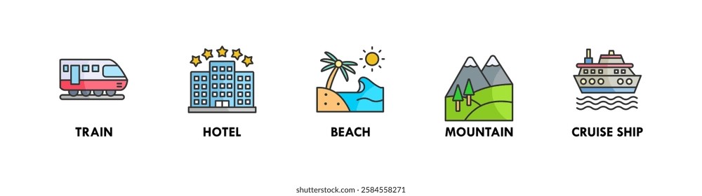 Travel and Holiday banner web icon illustration concept with icon of train, hotel, beach, mountain, and cruise ship