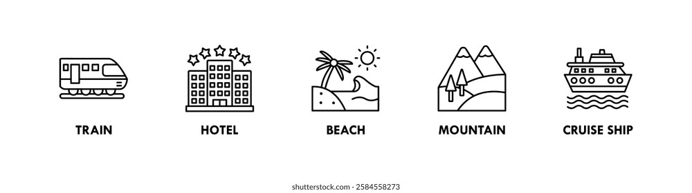 Travel and Holiday banner web icon illustration concept with icon of train, hotel, beach, mountain, and cruise ship