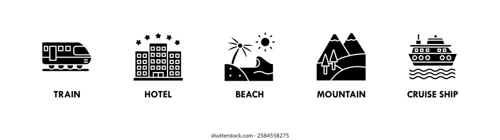 Travel and Holiday banner web icon illustration concept with icon of train, hotel, beach, mountain, and cruise ship